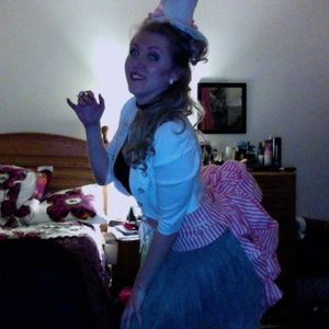 Pink and white Victorian tight rope walker costume